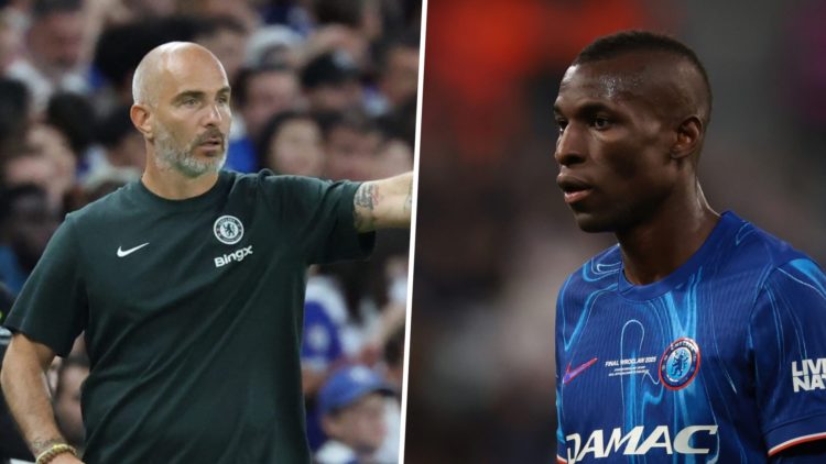 Picture one Enzo Maresca during the Chelsea pre-season friendly against Bayer Leverkusen. Picture two Nicolas Jackson playing for Chelsea against R...