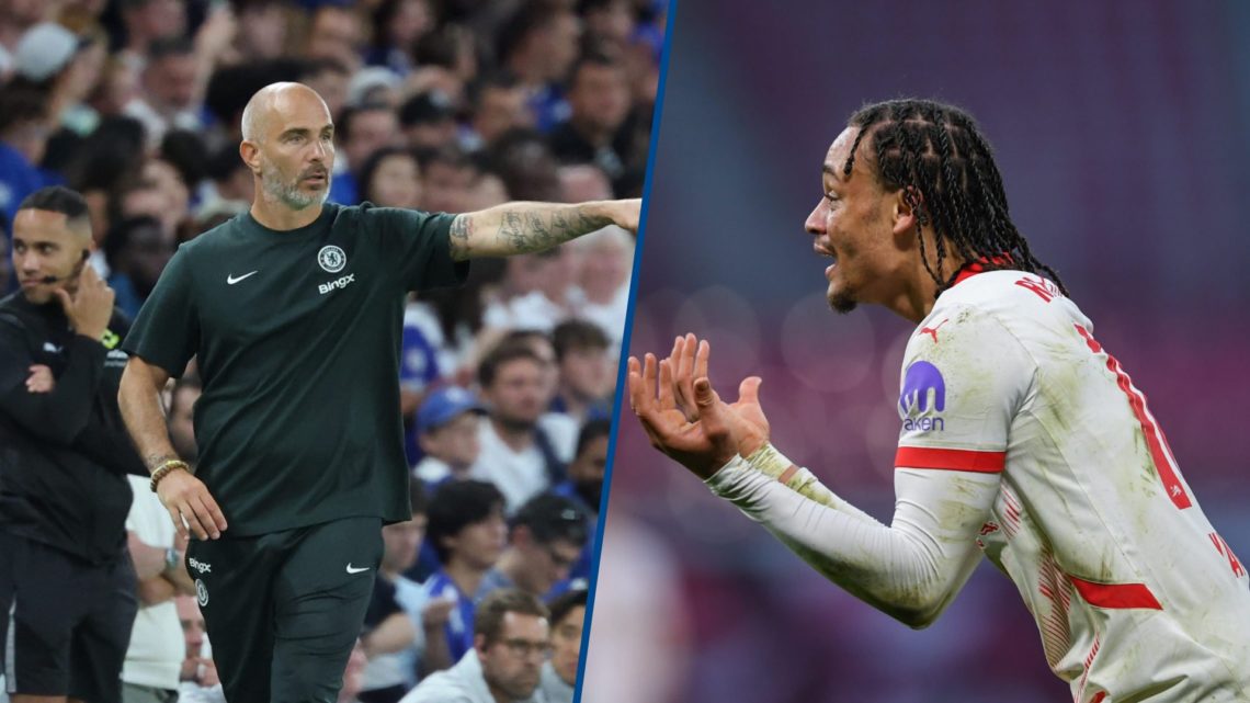 Split image - Chelsea manager Enzo Maresca during the pre-season friendly against Bayer Leverkusen and Xavi Simons playing for RB Leipzig