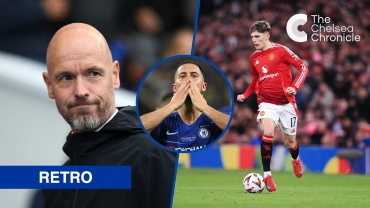Split image - Erik ten Hag ahead of match against Brighton and Alejandro Garnacho of Manchester United, inset Chelsea's Eden Hazard celebrating