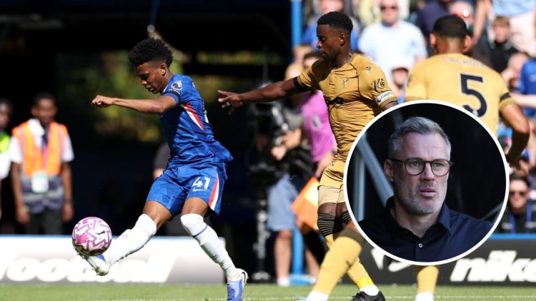 Estevao Willian during his Premier League debut for Chelsea against Crystal Palace. Inset, Pundit Jamie Caragher before a Premier League match betw...