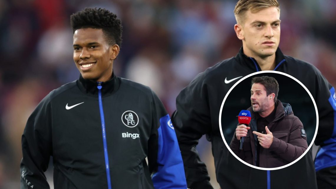 Estevao Willian lining up next to Liam Delap ahead of Chelsea against West Ham in the Premier League. Inset, Jamie Redknapp working as a pundit for...