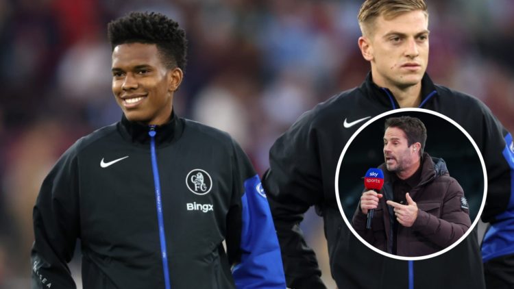 Estevao Willian lining up next to Liam Delap ahead of Chelsea against West Ham in the Premier League. Inset, Jamie Redknapp working as a pundit for...