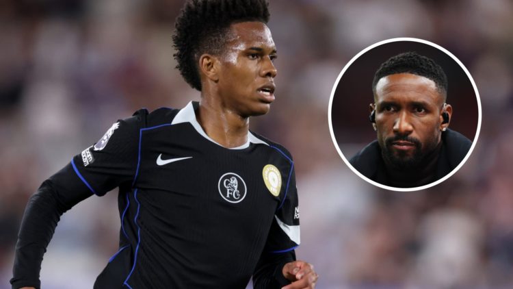 Estevao Willian playing for Chelsea against West Ham in the Premier League. Inset, Jermain Defoe looks on before the EURO 2024 qualifier between En...