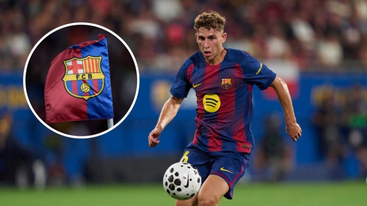 Fermin Lopez playing for Barcelona against Como. Inset, the Barcelona badge during the La Liga match against Espanyol.