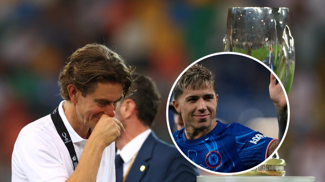 Thomas Frank walks past the trophy after Paris Saint-Germain v Tottenham Hotspur - UEFA Super Cup 2025. Enzo Fernandez waves to the fans after Chel...