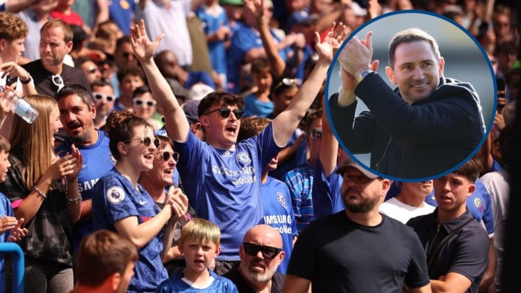 Chelsea fans during the pre-season friendly against AC Milan, inset Frank Lampard acknowledges Coventry fans