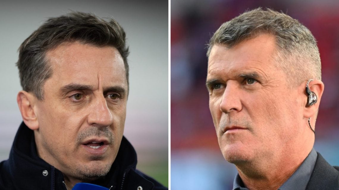 Gary Neville working as a pundit for a Premier League match. Roy Keane working as a pundit during the 2025 FA Cup final.