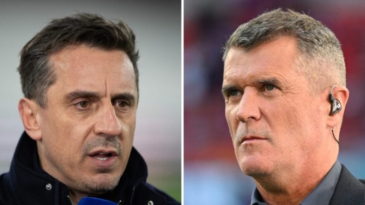 Gary Neville working as a pundit for a Premier League match. Roy Keane working as a pundit during the 2025 FA Cup final.