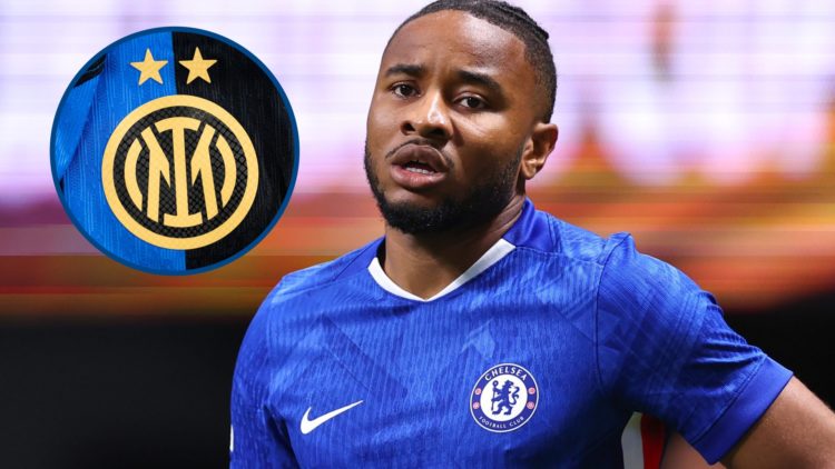 Christopher Nkunku of Chelsea during FIFA Club World Cup match, inset Inter Milan badge