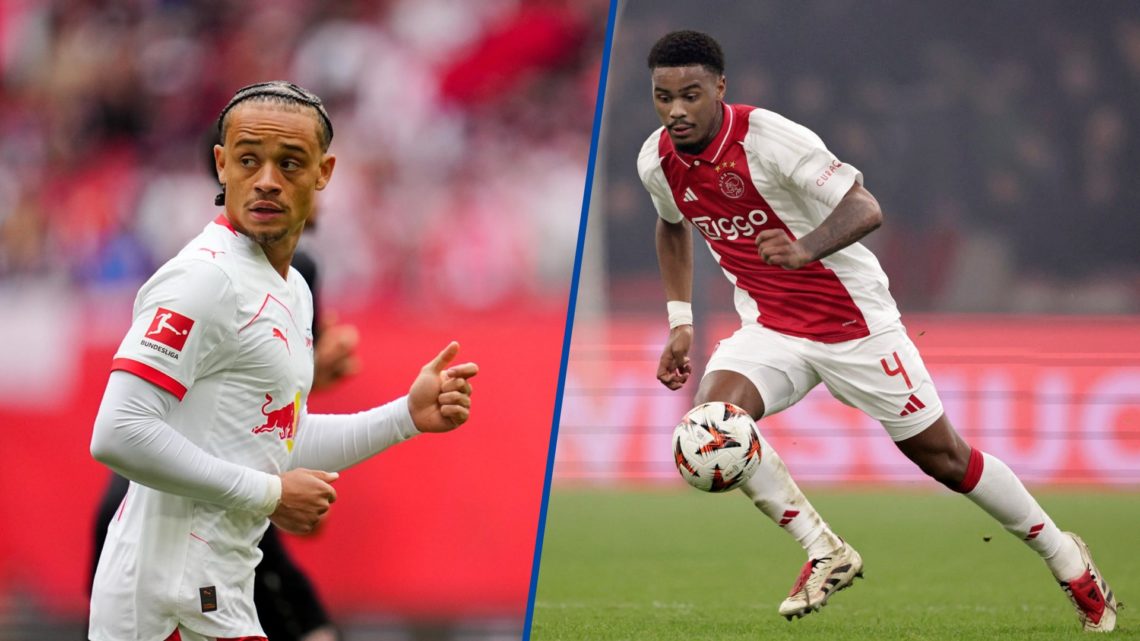Split image - Xavi Simons playing for RB Leipzig against Stuttgart in the Bundesliga and Jorrel Hato playing Ajax against Lazio in the Europa League