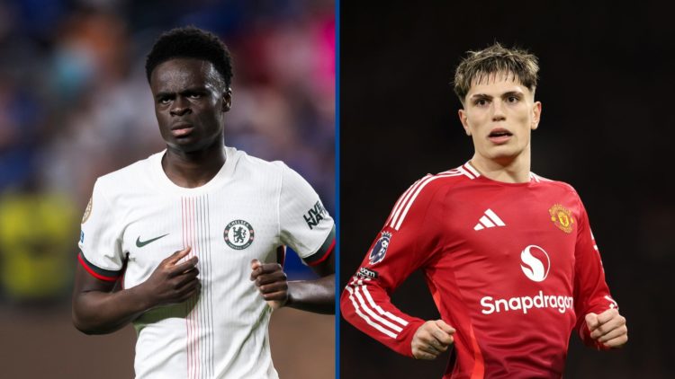Split image - Tyrique George of Chelsea FC looks on after scoring and Alejandro Garnacho of Manchester United in action