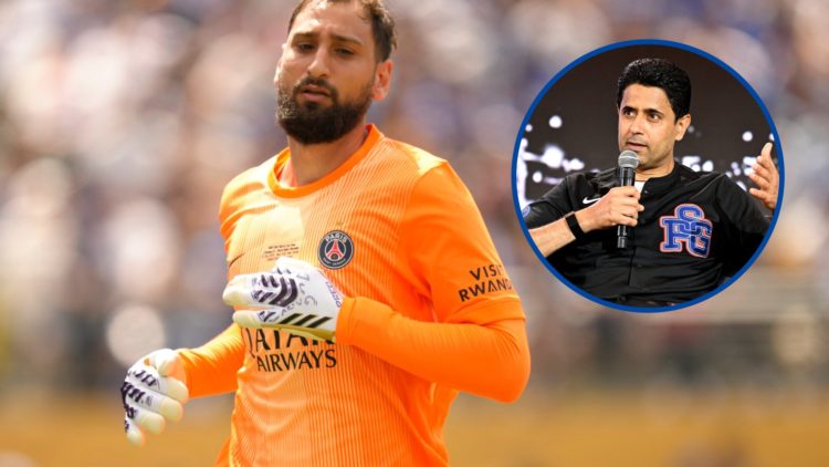 Gianluigi Donnarumma goalkeeper of PSG and Italy during the FIFA Club World Cup 2025 final, inset Nasser Al-Khelaifi speaking on stage