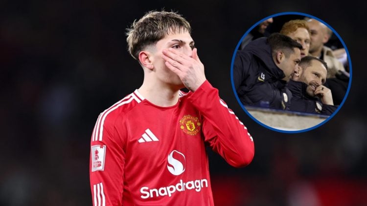 Manchester United's Alejandro Garnacho looks shocked in match against Leicester City, inset Chelsea's Laurence Stewart and Paul Winstanley at game