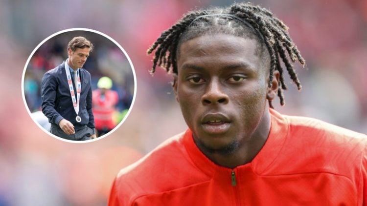 Lesley Ugochukwu warming up before Southampton against Nottingham Forest in the Premier League. Inset, Burnley manager Scott Parker after beating M...