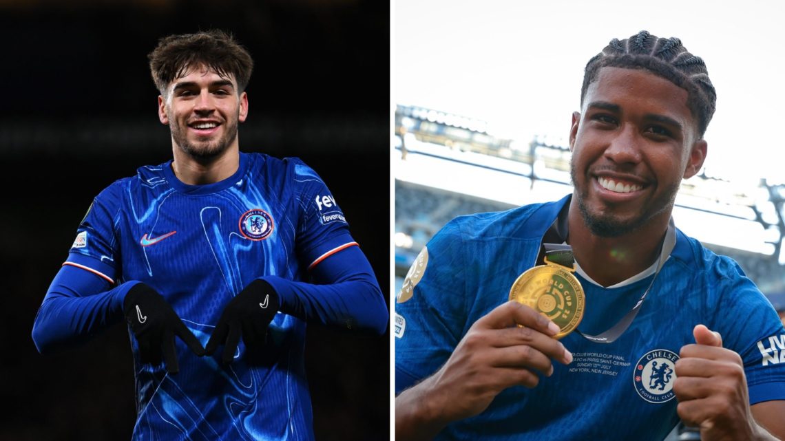 Marc Guiu celebrates after Chelsea FC v Shamrock Rovers FC - UEFA Conference League 2024/25 League Phase MD6. Andrey Santos poses with his winner's...