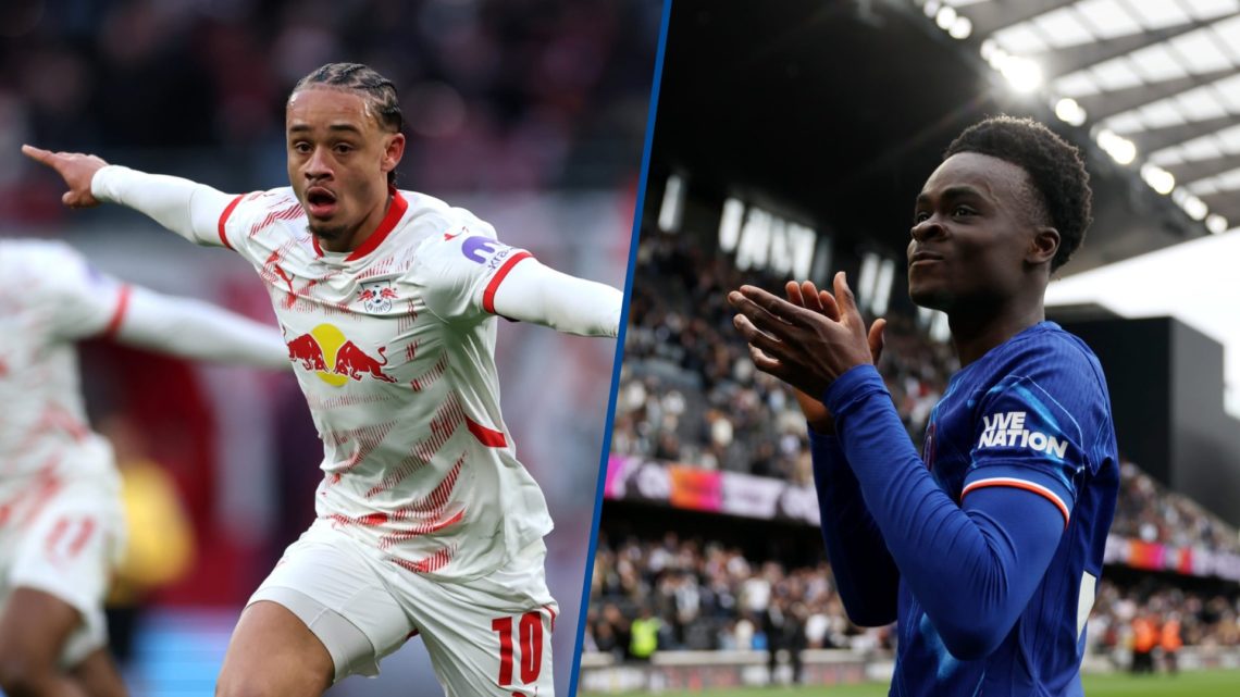 Split image - Xavi Simons of RB Leipzig celebrates scoring and Tyrique George of Chelsea applauds the fans