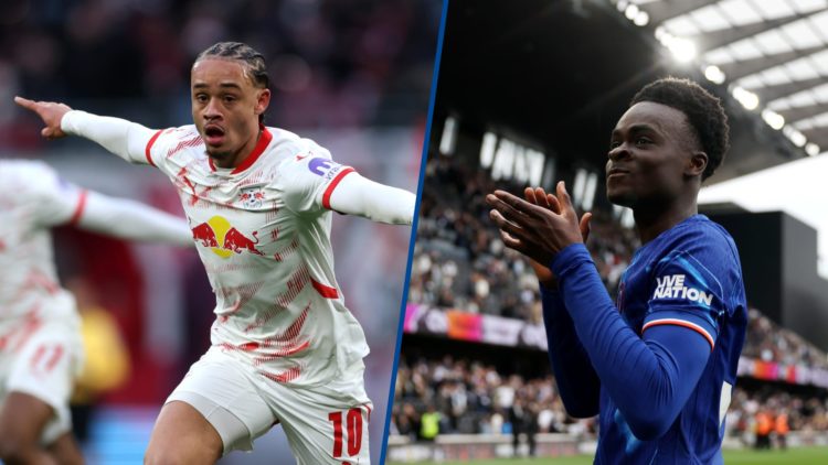 Split image - Xavi Simons of RB Leipzig celebrates scoring and Tyrique George of Chelsea applauds the fans