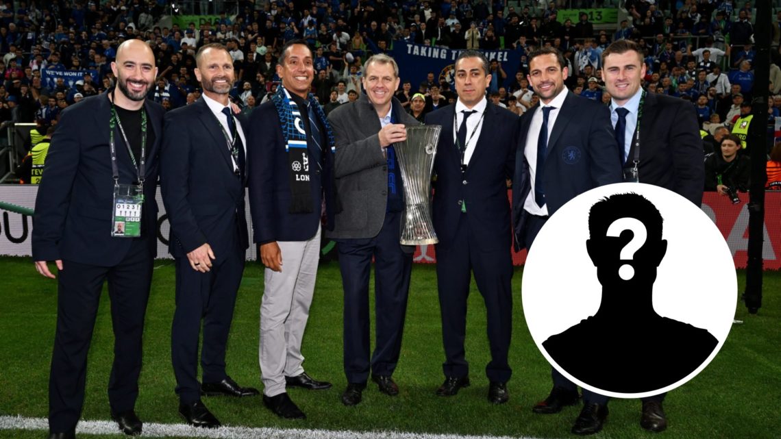 Senior Chelsea figures pose with the Conference League trophy after beating Real Betis in the final. Inset, mystery football player.