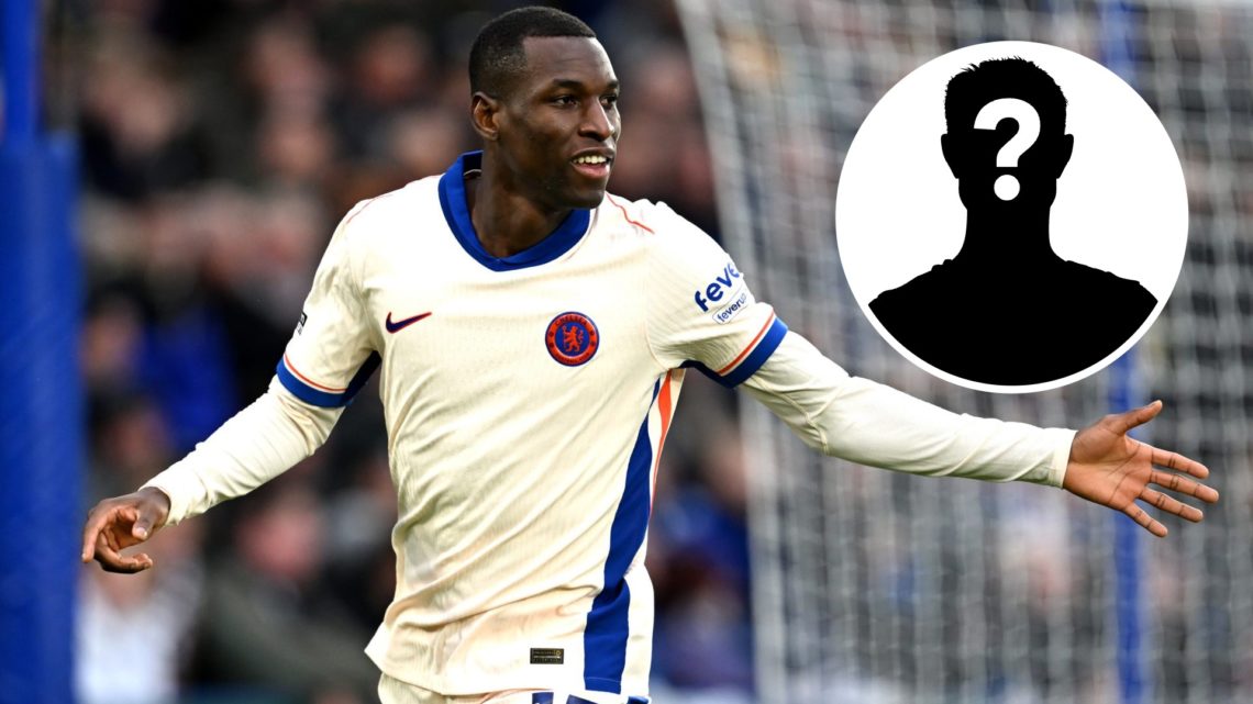 Nicolas Jackson celebrates after scoring for Chelsea, inset mystery figure