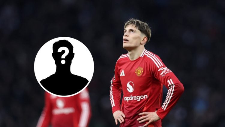 Alejandro Garnacho looking at the sky while playing for Manchester United, with mystery player to the left