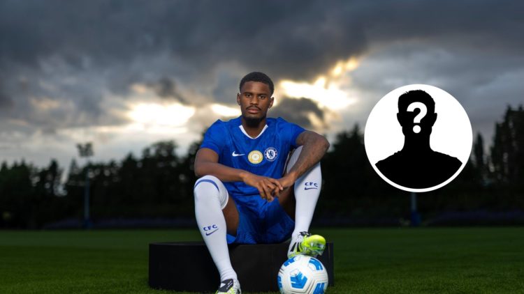 Jorrel Hato poses at the training ground after being confirmed as a Chelsea player. Mystery player (right)