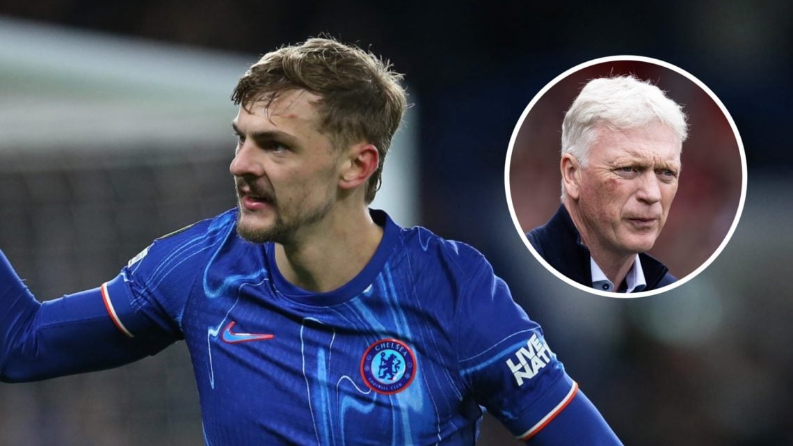 Kiernan Dewsbury-Hall playing for Chelsea in the Conference League. Inset, Everton manager David Moyes looks on during a Premier League match.