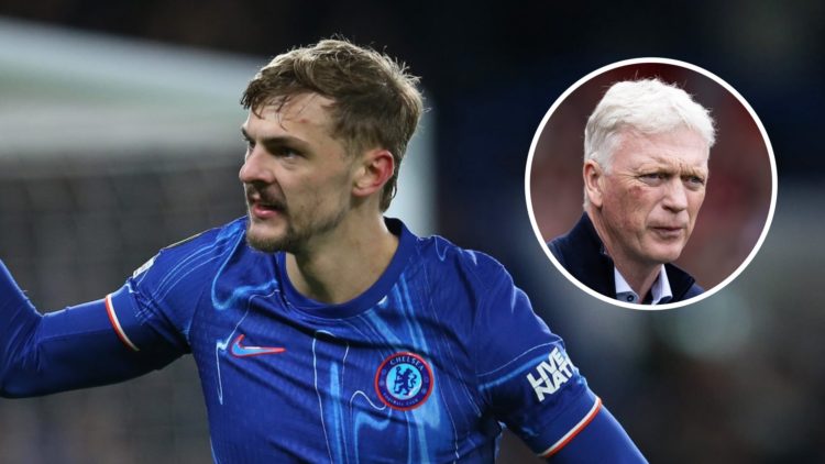 Kiernan Dewsbury-Hall playing for Chelsea in the Conference League. Inset, Everton manager David Moyes looks on during a Premier League match.
