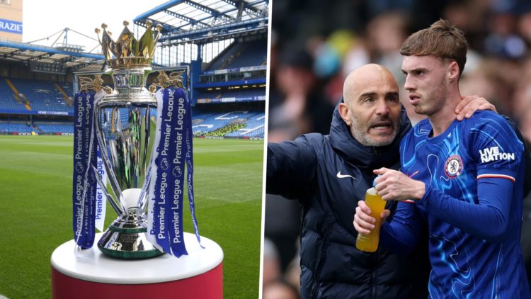 Picture one the Premier League trophy on display at Stamford Bridge. Picture two Enzo Maresca talks to Cole Palmer during a Premier League match.
