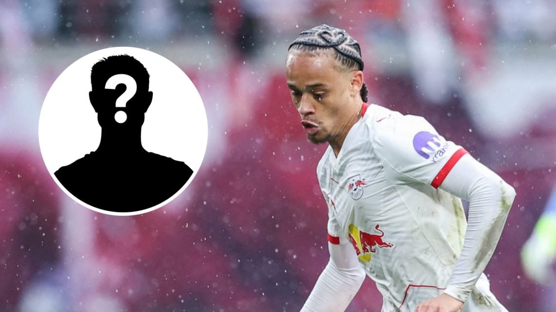 Xavi Simons on the ball during Bundesliga match between RB Leipzig and VFB Stuttgart. Inset, mystery football player.z