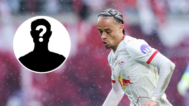 Xavi Simons on the ball during Bundesliga match between RB Leipzig and VFB Stuttgart. Inset, mystery football player.z