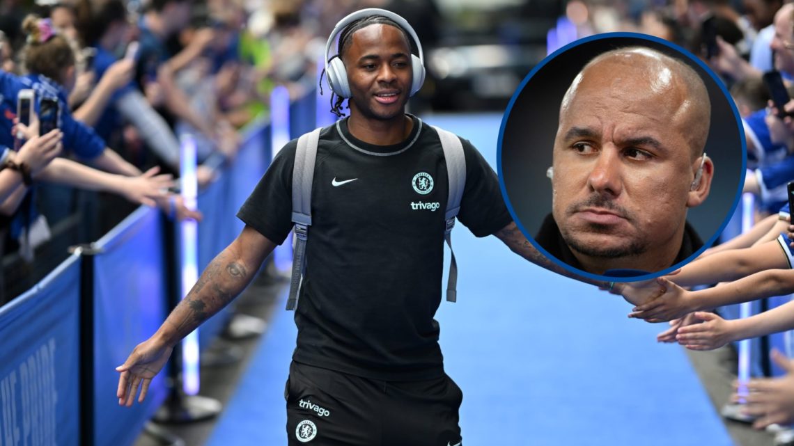 Raheem Sterling of Chelsea arriving at Stamford Bridge, inset Gabriel Agbonlahor as a pundit for Aston Villa v Liverpool