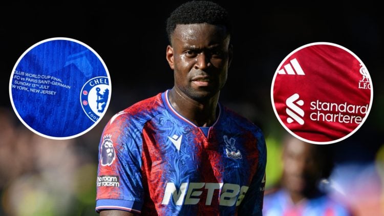 Marc Guehi of Crystal Palace during the Premier League match between Crystal Palace FC and Brighton, inset Chelsea home shirt and Liverpool home shirt