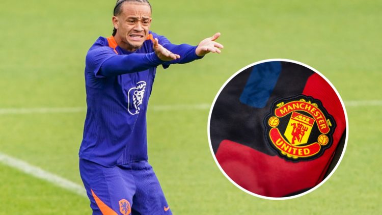 Xavi Simons during Netherlands training session. A detailed view of the Manchester United badge at Manchester United FC v Southampton FC - Premier ...