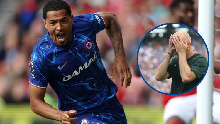 Levi Colwill of Chelsea celebrates scoring, inset Enzo Maresca reacts during Chelsea FC v Paris Saint-Germain