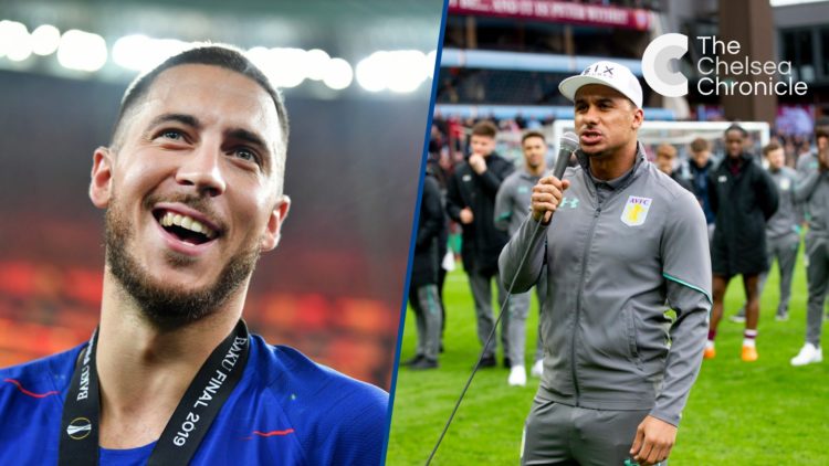 Split image - Eden Hazard of Chelsea celebrates victory and Gabriel Agbonlahor at the end of Aston Villa vs Derby County