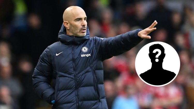 Chelsea manager Enzo Maresca gestures to his players during game, mystery player to the right.