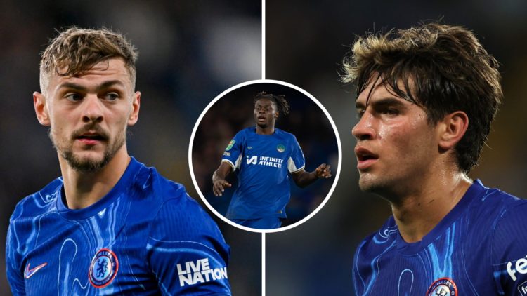 Kiernan Dewsbury-Hall playing for Chelsea in the Conference League semi-finals. Marc Guiu playing for Chelsea in a Conference League play-off tie. ...