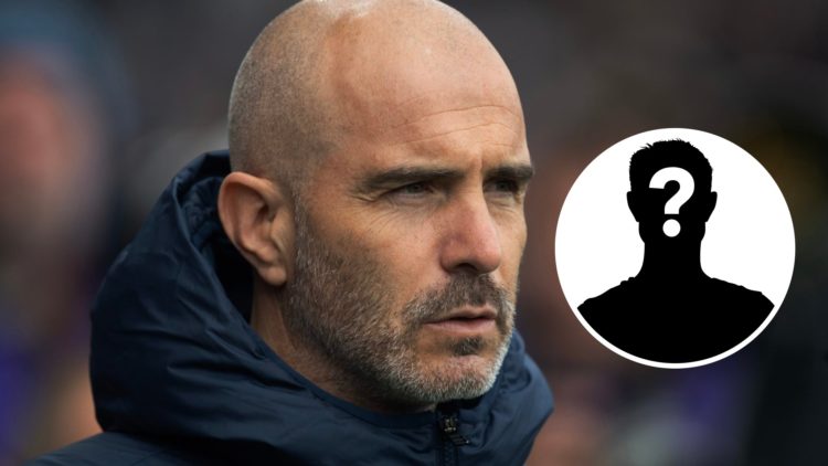 Chelsea manager Enzo Maresca looking serious on the sideline, mystery player (right)