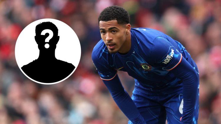 Levi Colwill playing for Chelsea in the Premier League. Inset, mystery football player.