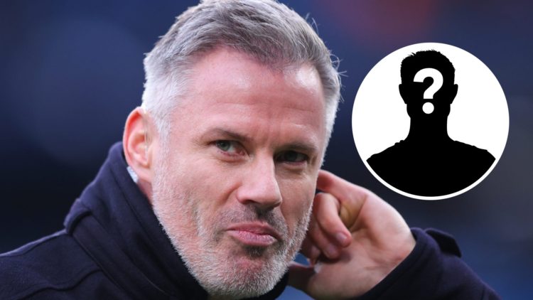 Jamie Carragher working as a Sky Sports pundit for a Premier League match. Inset, mystery football player.