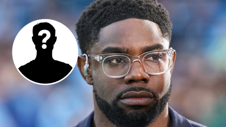 Micah Richards working as a pundit for a Premier League match. Inset, mystery football player.