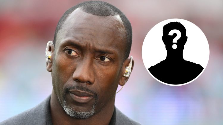 Jimmy Floyd Hasselbaink working as a pundit for a Premier League match. Inset, mystery football player.