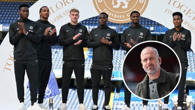 Chelsea's summer signings Dario Essugo, Joao Pedro, Liam Delap, Jamie Gittens, Jorrel Hato and Estevao Willian presented at Stamford Bridge. Inset,...