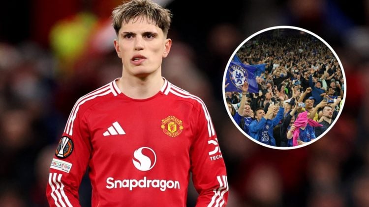 Alejandro Garnacho playing for Manchester United in the Europa League. Inset, Chelsea fans after winning the Conference League.