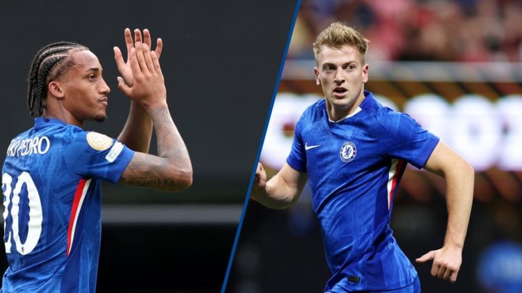 Split image - Joao Pedro of Chelsea FC acknowledges the fans and Liam Delap running against Los Angeles Football Club in the Club World Cup