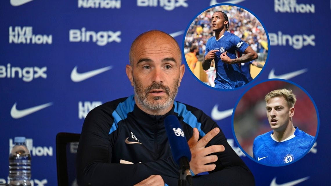 Chelsea boss Enzo Maresca at press conference, inset Joao Pedro celebrates goals and Liam Delap in action against Los Angeles Football Club