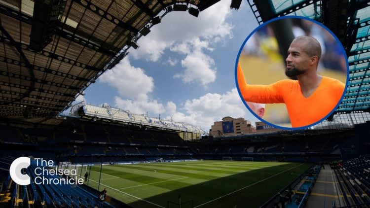 General view of Stamford Bridge, inset Robert Sanchez celebrates with supporters
