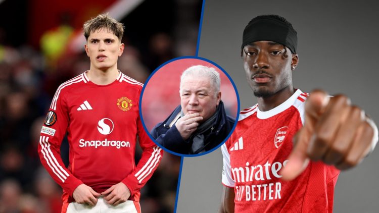 Split image - Alejandro Garnacho of Manchester United during match and Arsenal unveiling Noni Madueke, inset Ally McCoist before Scottish Cup game