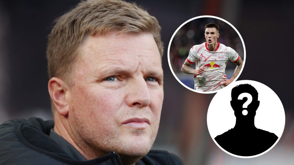 Newcastle United manager Eddie Howe during a Premier League match against Brighton. Inset, Benjamin Sesko of RB Leipzig celebrates after scoring a ...