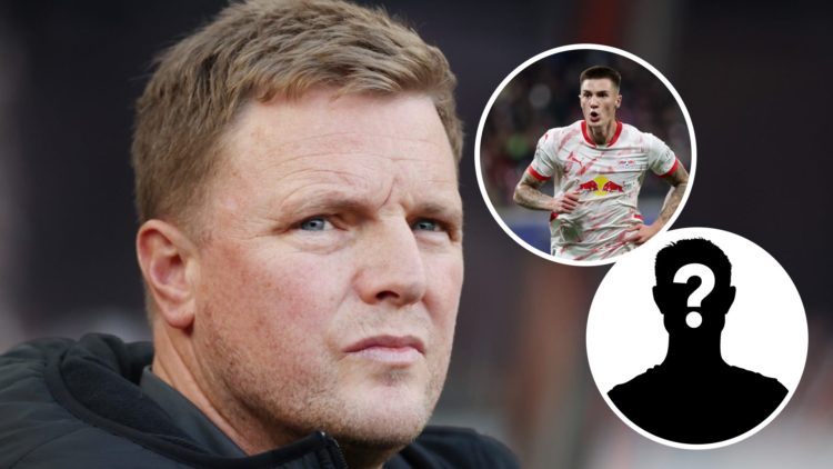 Newcastle United manager Eddie Howe during a Premier League match against Brighton. Inset, Benjamin Sesko of RB Leipzig celebrates after scoring a ...